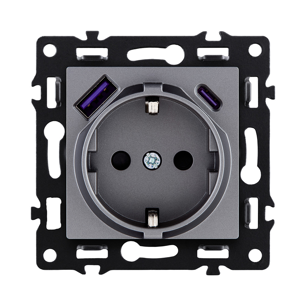 Розетка штепсельная SCHUKO 16A/250 В с USB A+C 20W, серый Kollinger Asthetik AS-016GY