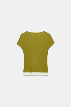 ZARA ФУТБОЛКА С ЭФФЕКТОМ МНОГОСЛОЙНОСТИ, СВЕТЛЫЙ ХАКИ