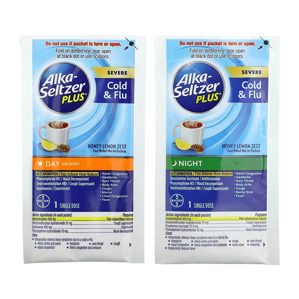 Alka-Seltzer Plus, От сильной простуды и гриппа, днем и ночью, с медом и цедрой лимона, 12 пакетиков