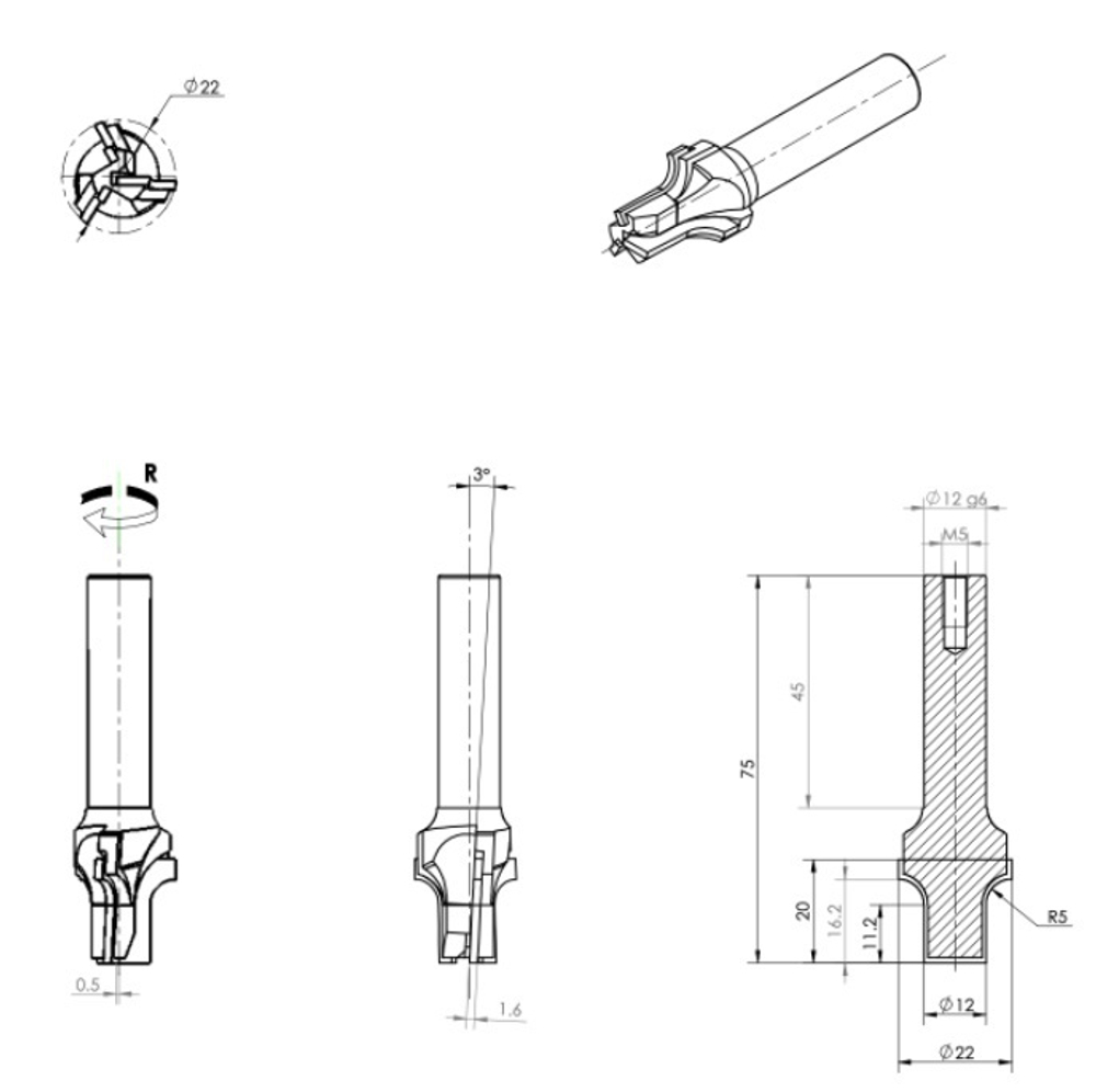 PCD концевая фреза D.22/12x20 S.12x45 R5 Z=3 RH
