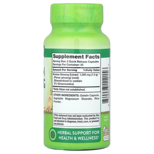 Nature's Truth, корейский женьшень, 75 капсул с быстрым высвобождением (500 мг в 1 капсуле)