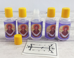 Елей, освященный пред чуд. иконой Пояс Богородицы, набор из 5 шт. и наклейки для освящения