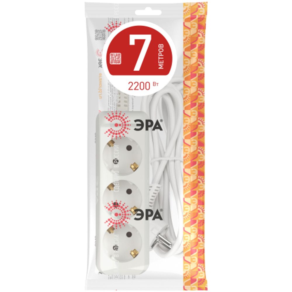 Удлинитель электрический ЭРА UX-3e-7m с заземлением 3 розетки 7м ПВС 3x0,75мм2 10А | Бытовые удлинители