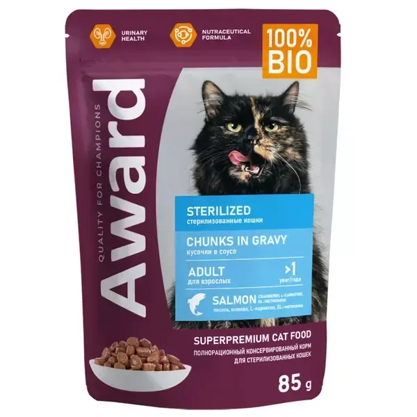 Пауч AWARD Sterilized для взрослых стерилизованных кошек, кусочки в соусе с лососем