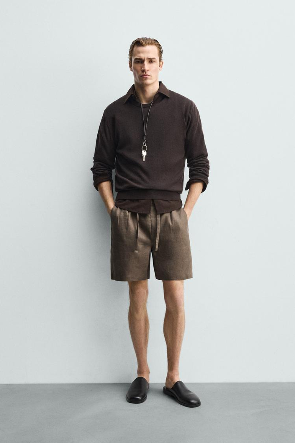 ZARA ШОРТЫ RELAXED FIT ИЗ 100% ЛЬНА, СЕРО-КОРИЧНЕВЫЙ