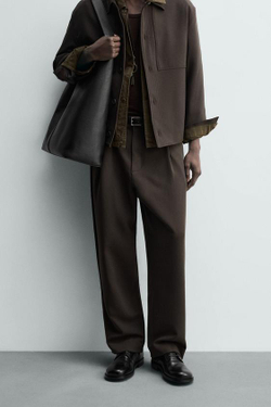 ZARA БРЮКИ RELAXED FIT СО СКЛАДКАМИ, КОРИЧНЕВЫЙ