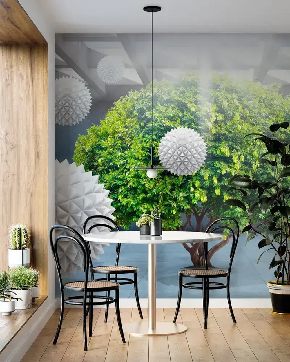 Фотообои виниловые на флизелиновой основе "Дерево с колючими шарами 3D зеленый", Арт. 13-076, 300х270см (ШхВ)