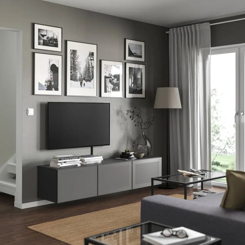Тумба под ТВ с дверцами - IKEA BESTÅ/BESTA/БЕСТО ИКЕА, 42х38х180 см, черный