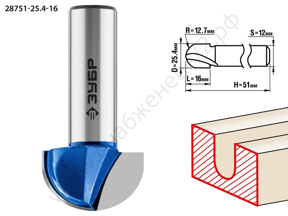 ЗУБР 25.4x16мм, радиус 12.7мм, фреза пазовая галтельная