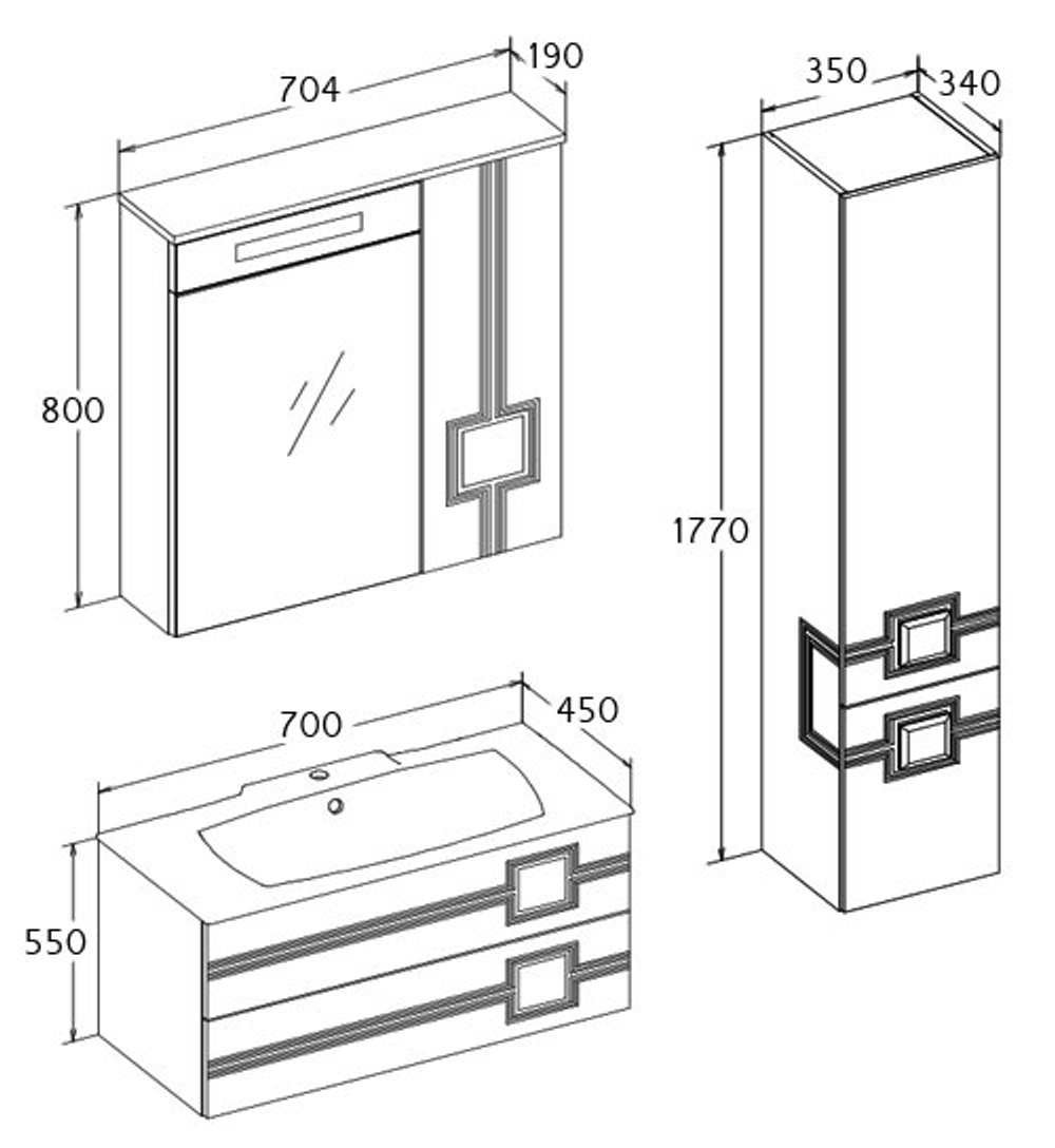 Мебель для ванной Opadiris Квадро 70  70х55х45см. цвет белый схема