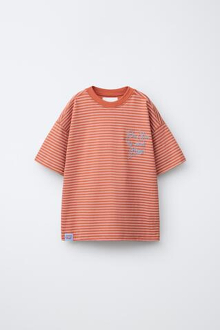 ZARA ФУТБОЛКА В ПОЛОСКУ С ВЫШИВКОЙ, ЧЕРЕПИЧНЫЙ
