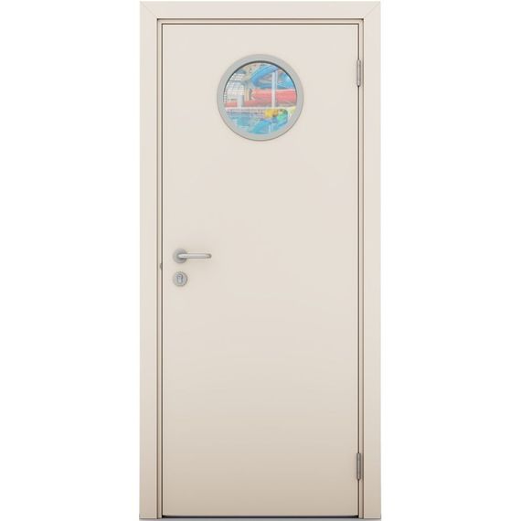 Фото межкомнатной пластиковой влагостойкой двери Poseidon гладкая крем матовый остеклённая с иллюминатором