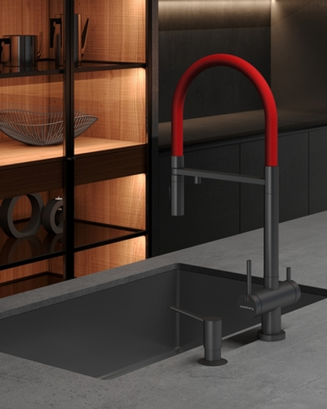 Смеситель для кухни Abelsberg Venta IXF73979GM c гибким изливом и возможностью подключения фильтра для воды, цвет космическая сталь, PVD покрытие