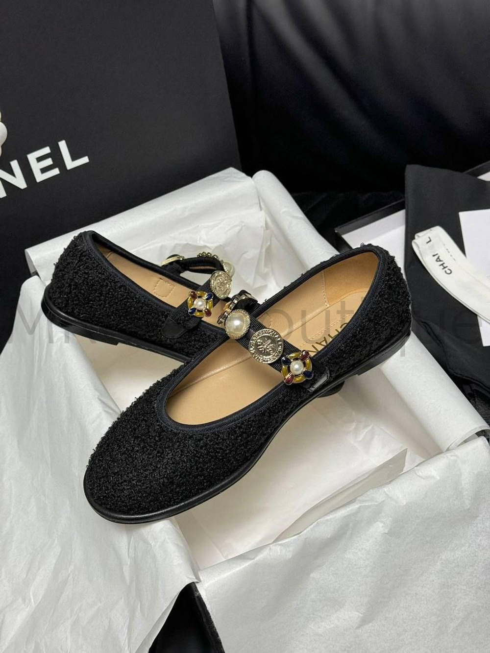 Шерстяные балетки Chanel Mary Janes черного цвета