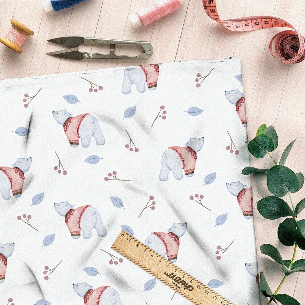 Ткань интерлок белые медвежата в свитере