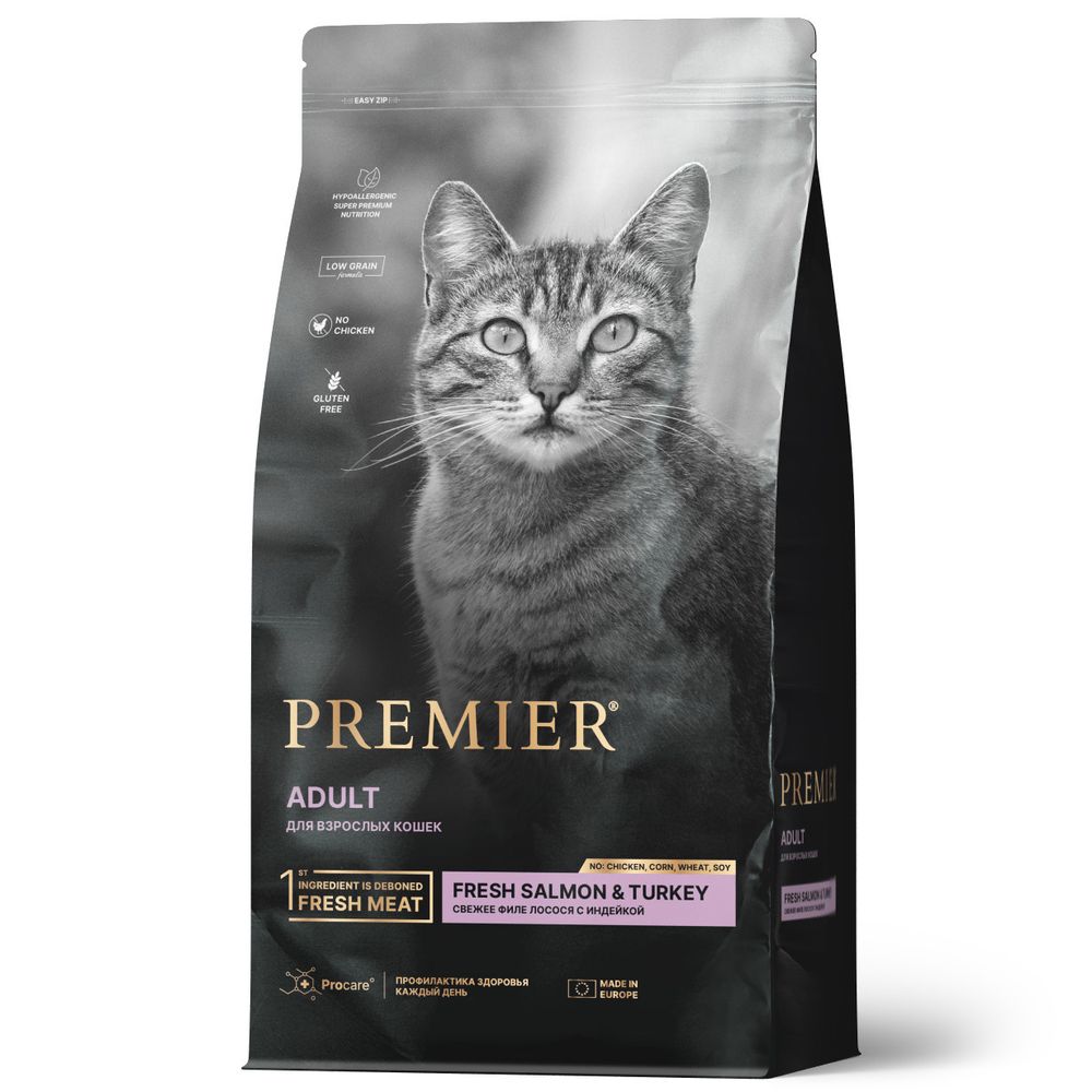 Сухой корм Premier Cat Salmon&amp;Turkey ADULT для взрослых кошек свежее филе лосося с индейкой 400 г