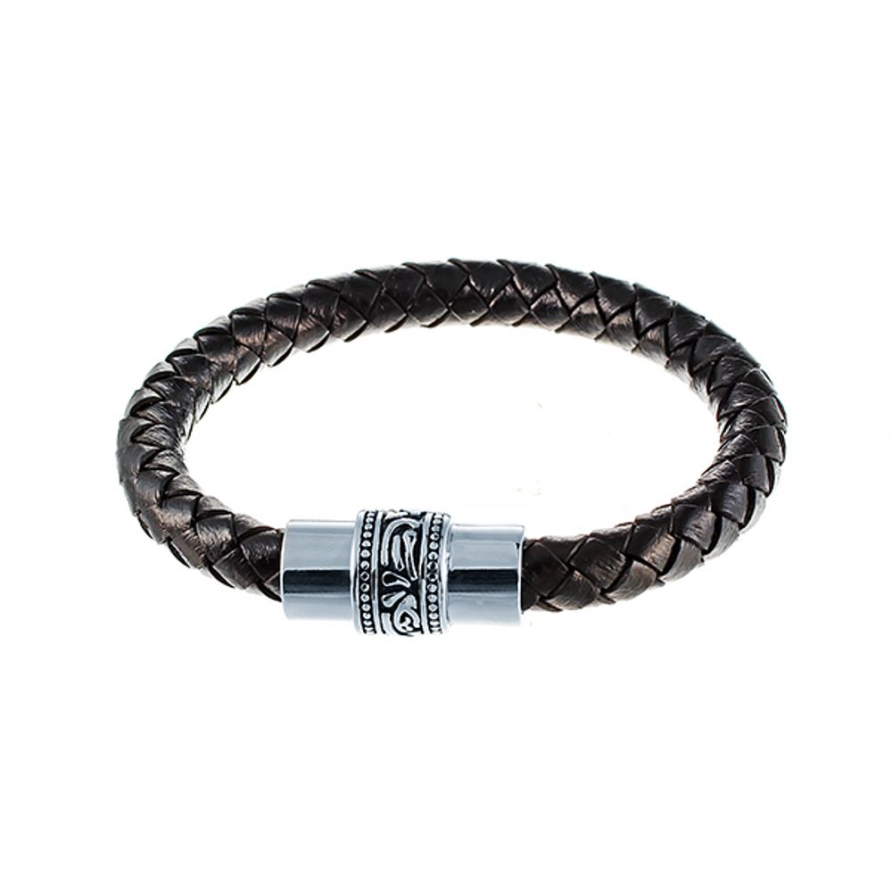 Стильный модный кожаный толстый чёрный браслет из плетёной кожи с магнитным замком JV 230-0111 в подарочной упаков