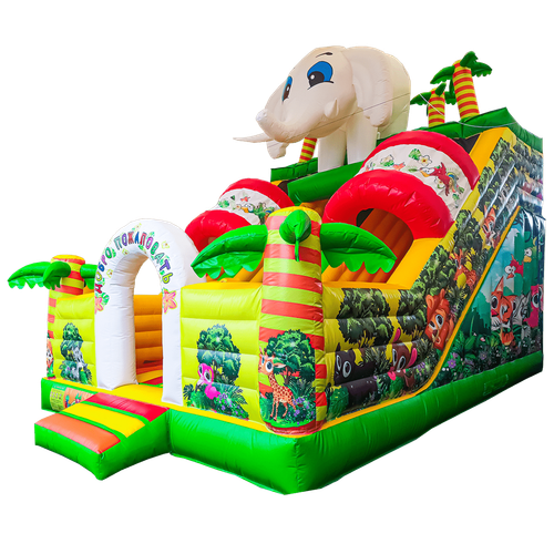 Детский надувной батут-горка "Слоник в джунглях" с прямым скатом 7*5*6 м