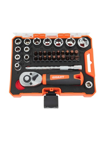 Набор Gigant: биты-20 шт, торцовые головки-12шт, трещотка 1/4-1шт, адаптер для бит SQ 1/4хHex 1/4, удлинитель 1/4/90мм GSBR-1/4