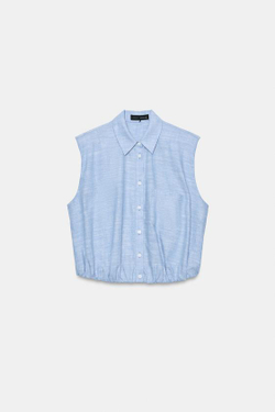 ZARA ТОП ИЗ ЛЬНА С ОБЪЕМНЫМИ ПЛЕЧАМИ, ГОЛУБОЙ