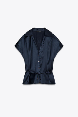 ZARA АТЛАСНАЯ РУБАШКА С ПОЯСОМ, МОРСКОЙ СИНИЙ