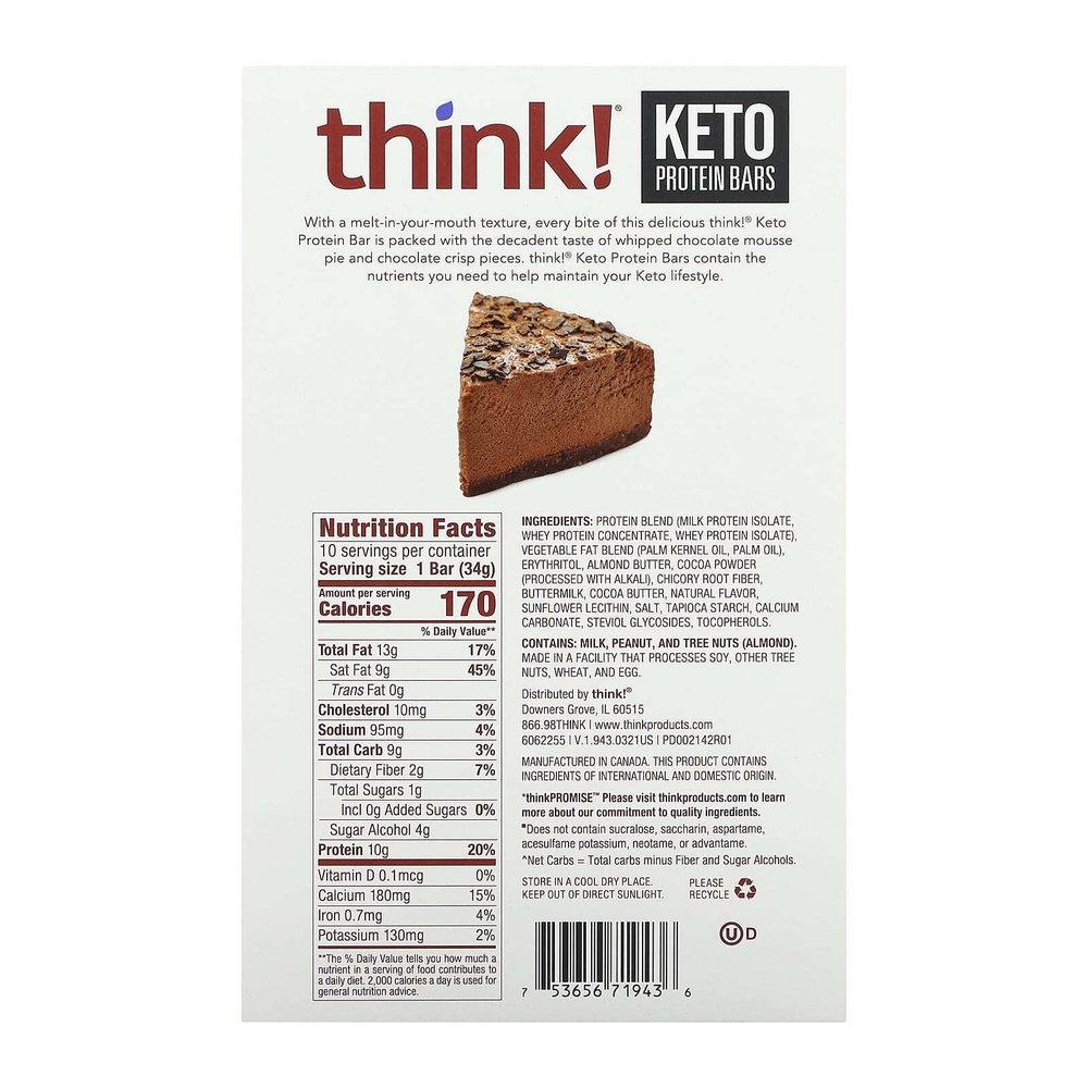 Think !, Keto Protein Bars, шоколадный муссовый пирог, 10 батончиков по 34 г (1,2 унции)