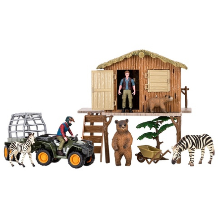 Набор фигурок животных cерии "На ферме": ферма, зебры, медведи, квадроцикл для перевозки животных, фермер, инвентарь - 13 предметов