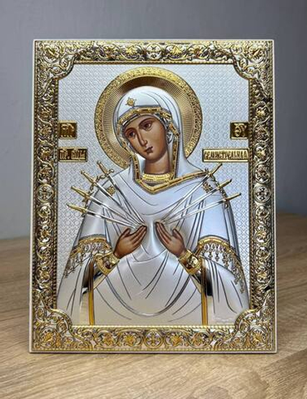 Семистрельная БМ, икона прямоугольная без рамки, белое дерево 175х225