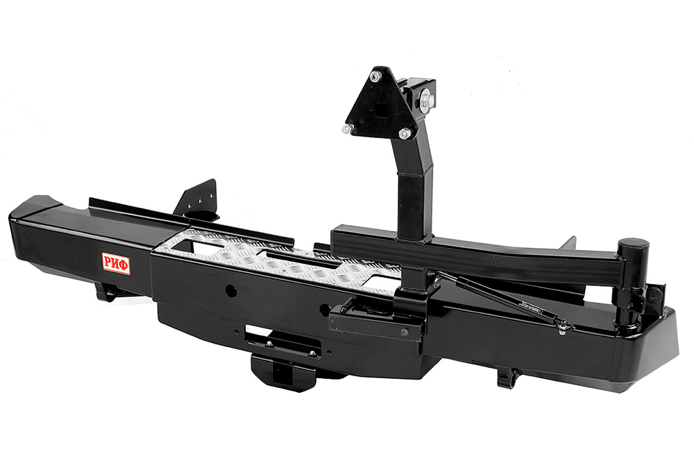 Бампер задний Mitsubishi L200 2015-2019 с площадкой под лебёдку, квадратом под фаркоп, калиткой, подсветкой номера РИФ