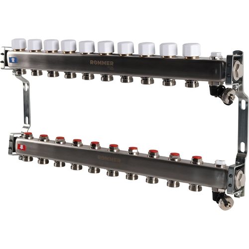 Коллектор Rommer 1"x3/4" на 10 контуров с запорными клапанами (нерж. сталь) RMS-3201-000010