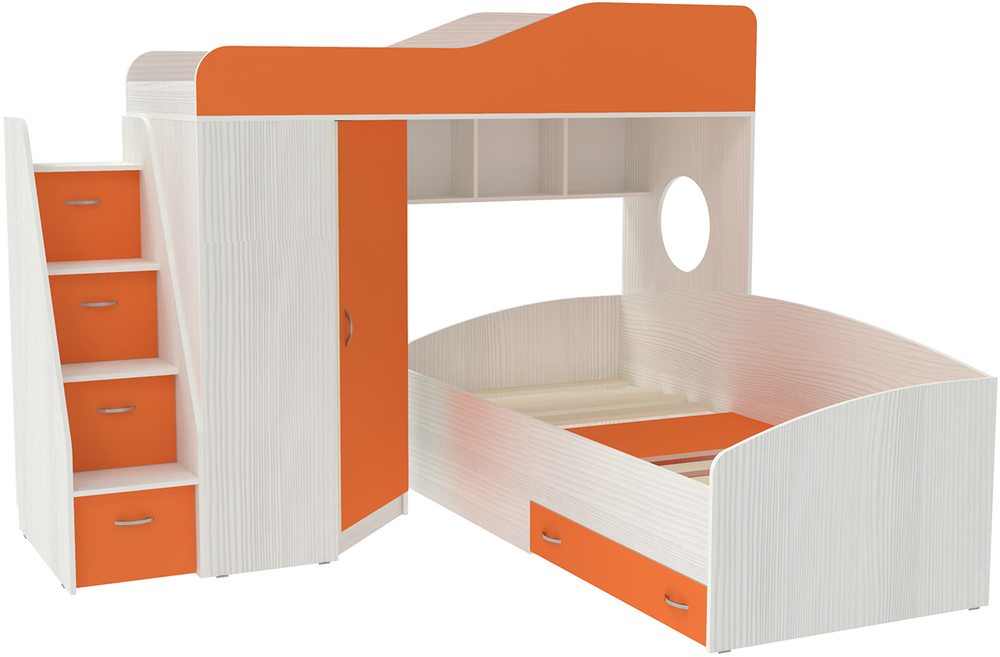 Двухъярусная кровать КарИВи  Кадет 2 с универсальной лестницей Белое Дерево Оранжевый