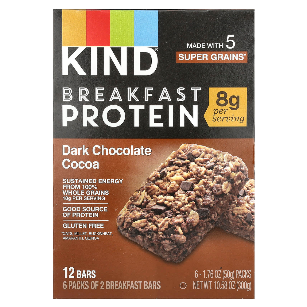 KIND Bars, Протеиновые батончики для завтрака, темный шоколад и какао, 6 пакетиков по 50 г (1,76 унции)