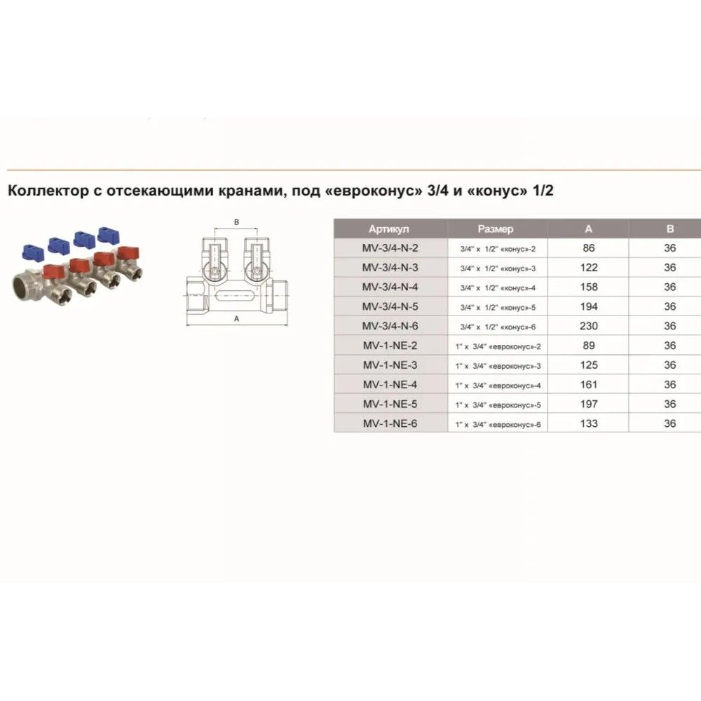 Коллектор с шар кранами 3/4х1/2 евроконус на 5 выхода (MV-3/4-N-5) TIM