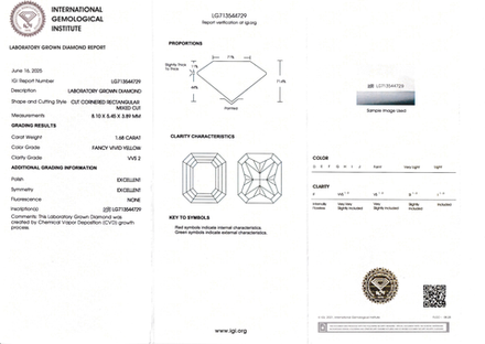 Лабораторно-выращенный бриллиант радиант 8.10 х 5.45 х 3.89 мм FancyVIVID YELLOW/VVS2 1.68 ct