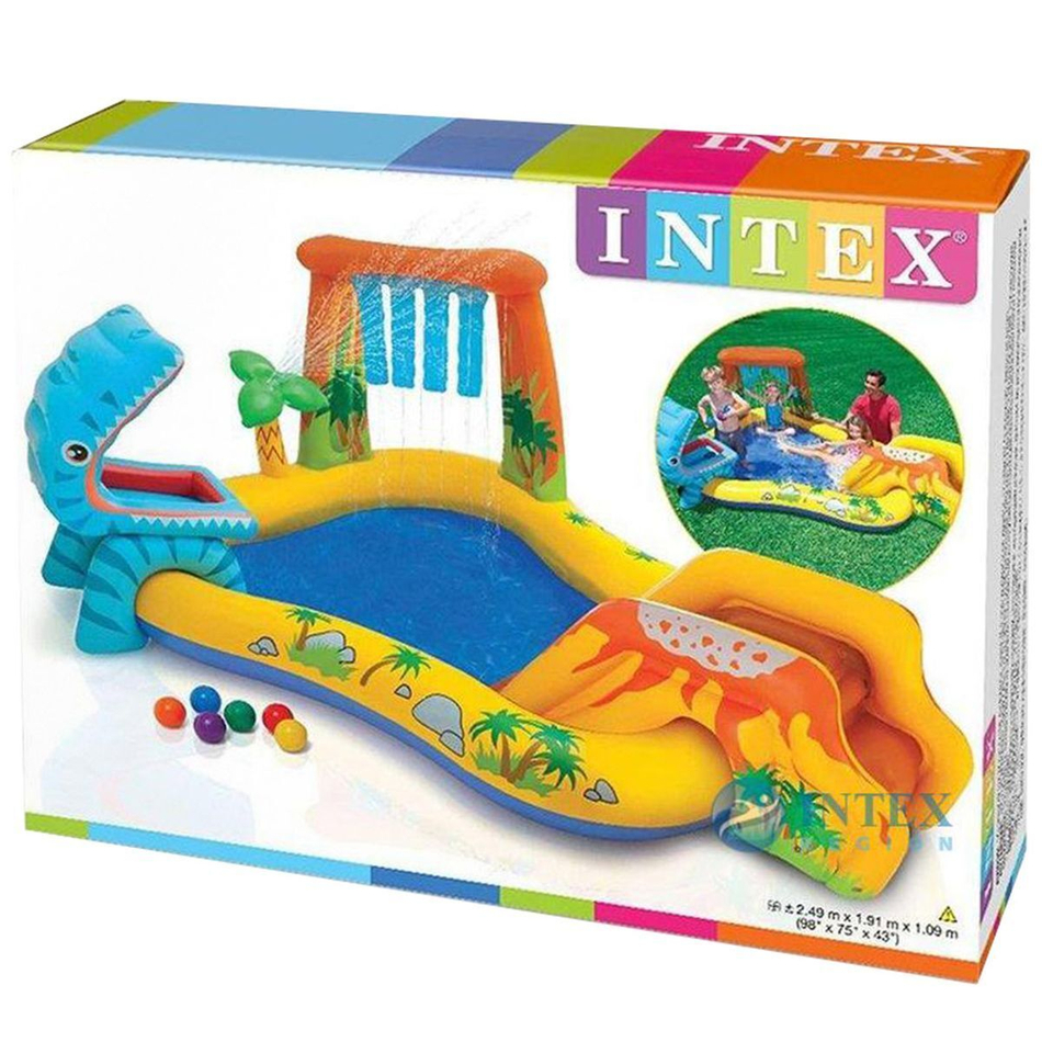Игровой центр-бассейн 249х191х109 см, 216 л, Динозавр, горка, распылитель, мячики, от 2 лет, Intex, 57444NP