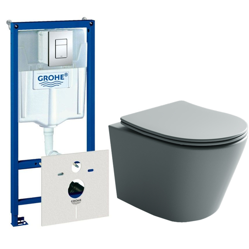 Комплект подвесной безободковый унитаз Ceramica Nova Balearica CN6000MH Антрацит матовый с сиденьем Микролифт + инсталляция Grohe Rapid SL 38775001 4 в 1 с кнопкой смыва