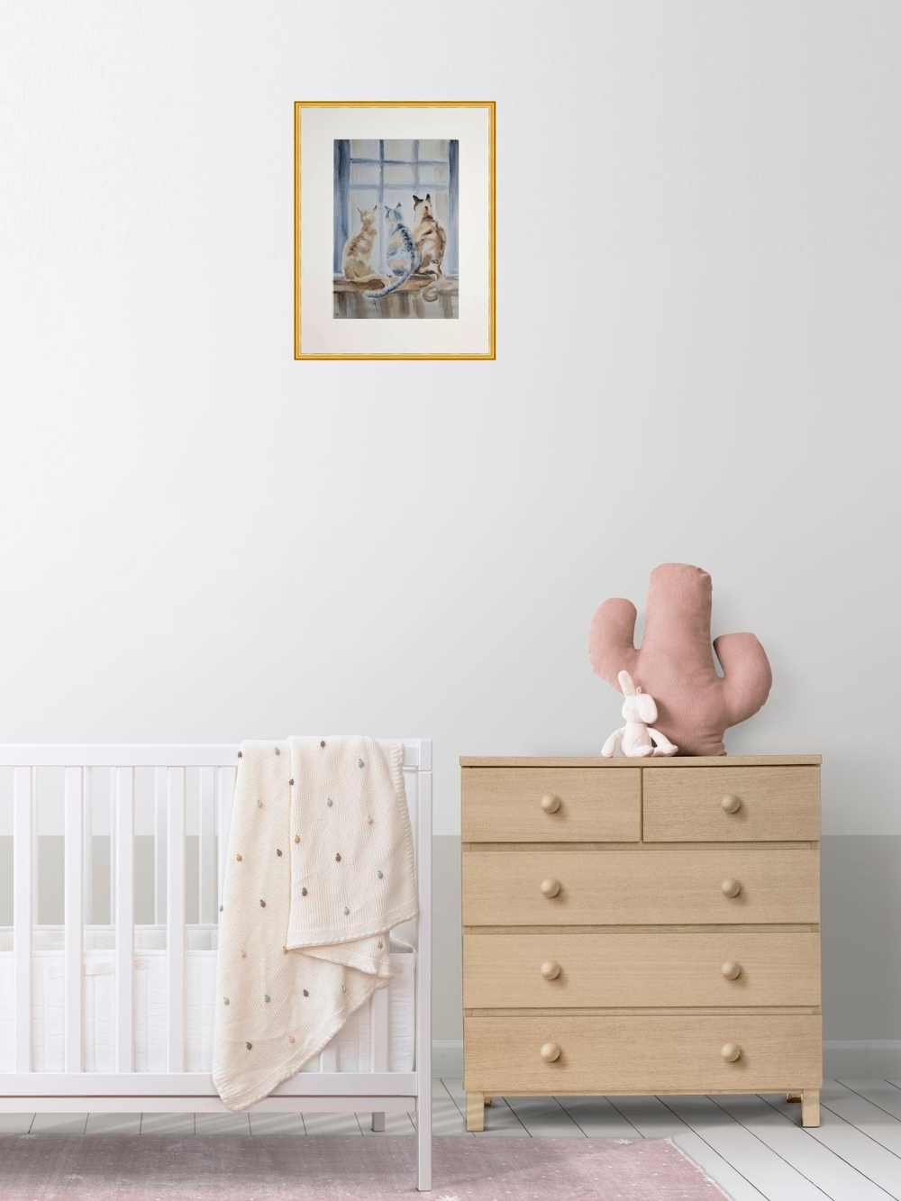 Картина авторская акварельная в паспарту 30х40 см на стену для интерьера "Кошки на окошке"