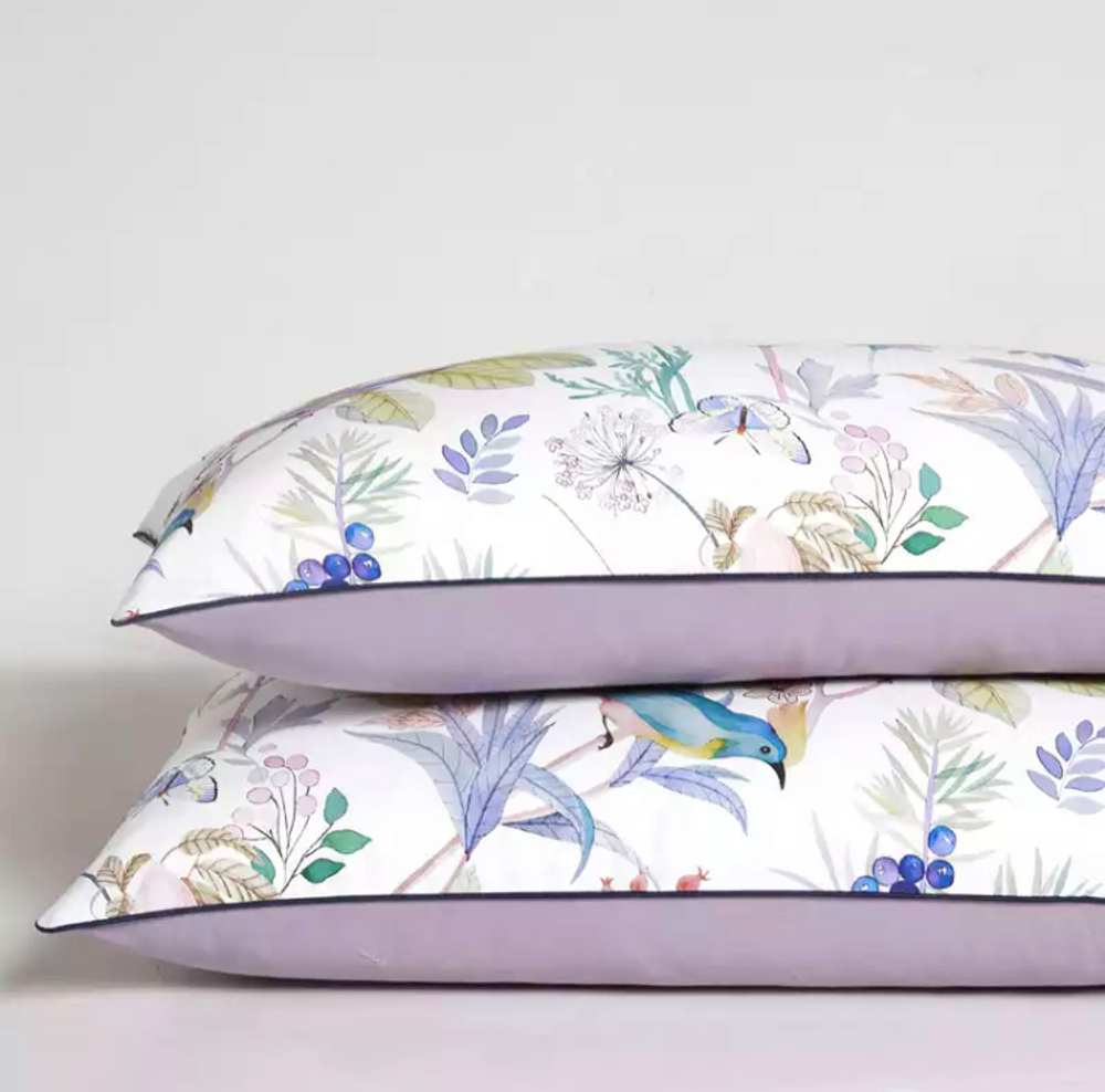 Постельное белье ЕВРО (двуспалка) Египетский Хлопок Птички на сиреневом