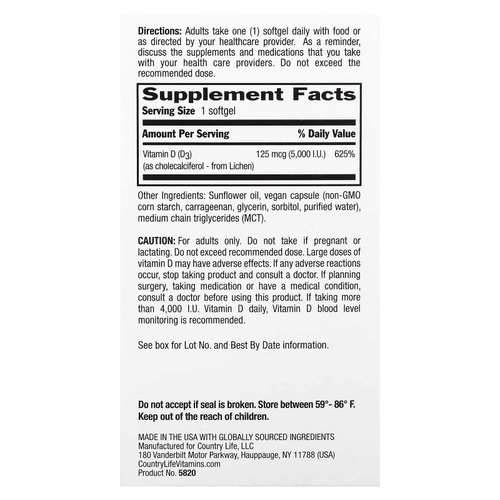 Country Life, Сертифицированный веганский витамин D3, 125 мкг (5000 МЕ), 30 веганских мягких таблеток