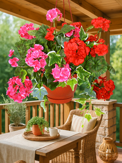 Искусственное растение Герань густая красно-малиновая в подвесном коричневом кашпо