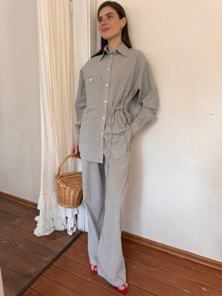 Брюки из вареного хлопка, Синий в полоску