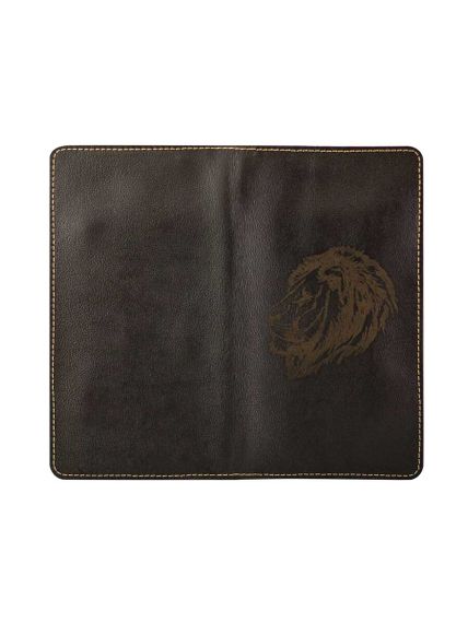 Фото функционального высокого кошелька Лев из темно-коричневой кожи в развернутом виде.