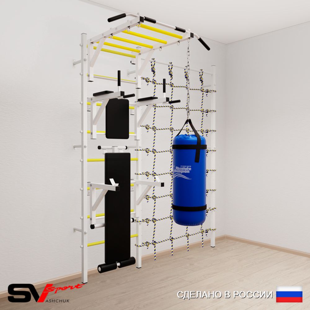 Шведская стенка Sv Sport усиленная 62610 (Турник рукоход/Брусья/Стойка/Скамья/Цепь/Мешок 15кг/Канатный лаз)