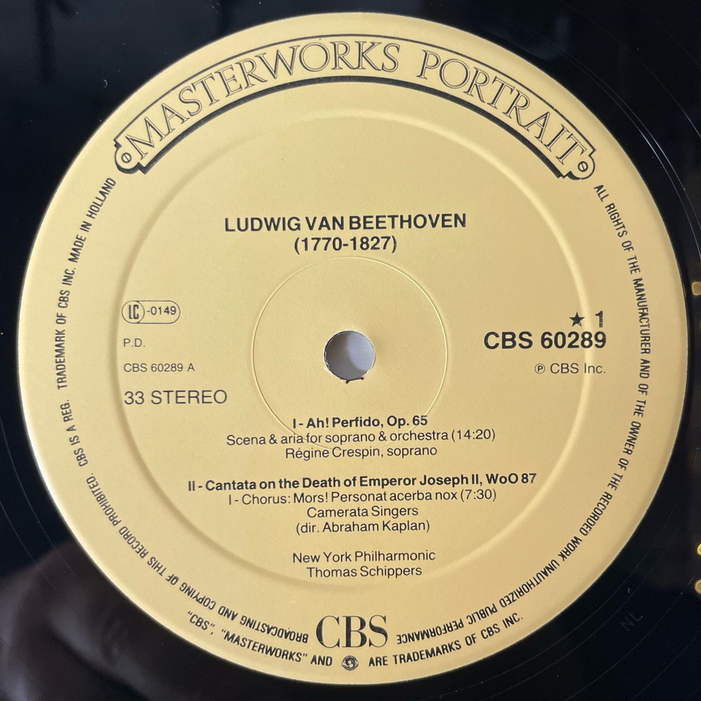 Винтажная виниловая пластинка LP Beethoven Бетховен, Ah Perfido Op 65, Cantana On The Death Of Emperor Joseph 2. Wo O 87 (Нидерланды 1983)