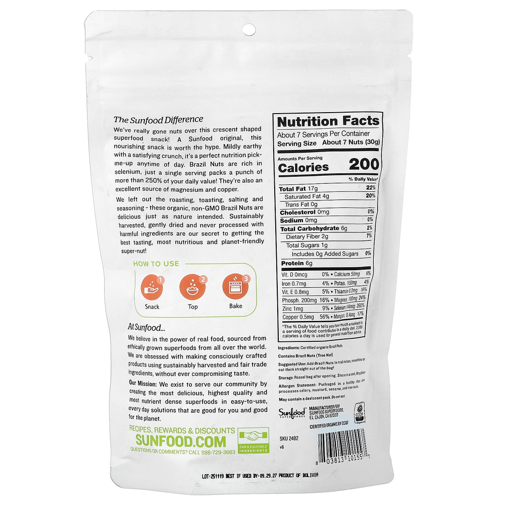 Sunfood, органические бразильские орехи, 227 г (8 унций)