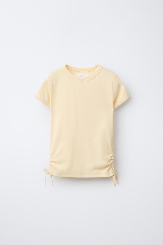 ZARA ФУТБОЛКА ИЗ МОДАЛА С ВЫРЕЗАМИ И БАНТАМИ, ЖЕЛТЫЙ