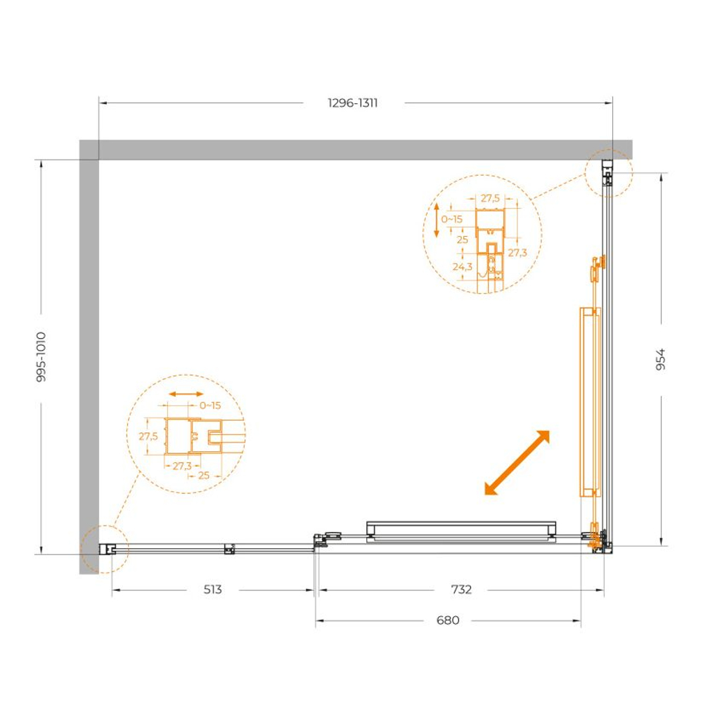 Душевой уголок Cezares LUX-AH-FS-11-130/100-C-CR, 130х100х195, профиль хром, стекло прозрачное