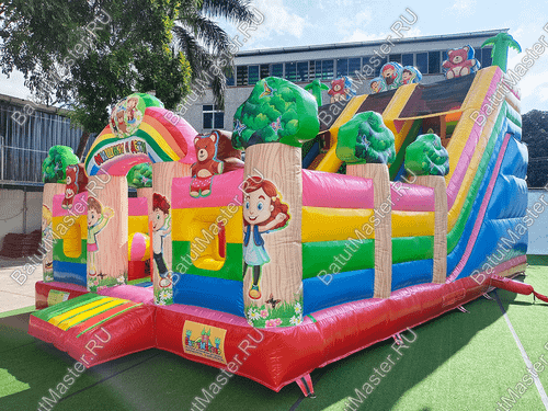 Коммерческий надувной батут "Мишки и дети", 10*6*6,5 м, с горкой 3,5 м