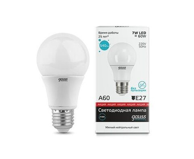 Лампа Gauss Elementary ЛОН A60/A55 E27 7W(540lm) 4100K 4K 110х60 матовая, пластик/алюминий 23227А