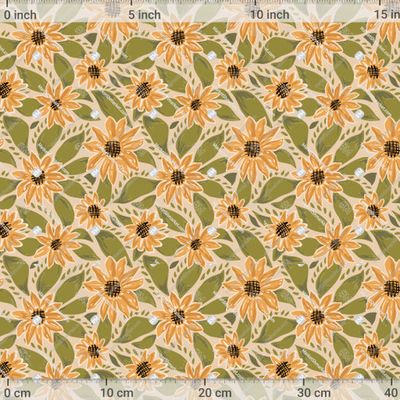 Летние подсолнухи и зеленые листья, ботаника, цветочный принт by Tani Kuzminka 909 DPI